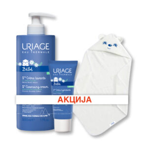 URIAGE BEBE SET БЕБЕШКИ КРЕМ ЗА КАПЕЊЕ 500ML+ BEBЕ ХИДРАНТНА КРЕМ 40МЛ+ГРАТИС БАЊАРКА ЗА БЕБЕ